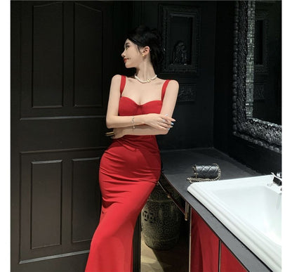 Thin Strap V-Neck Maxi Sheath Dress