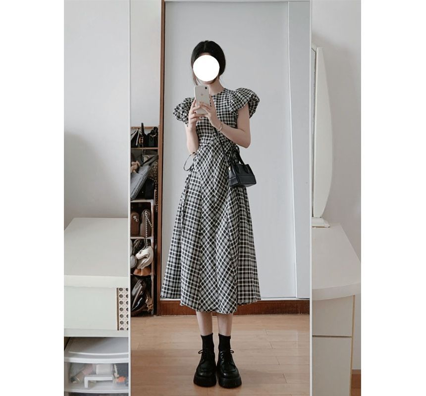 Short-Sleeve Crew Neck Plaid Midi A-Line Dress
