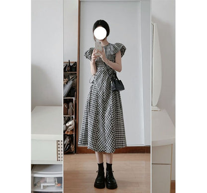 Short-Sleeve Crew Neck Plaid Midi A-Line Dress