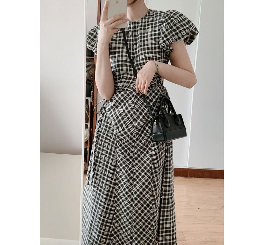 Short-Sleeve Crew Neck Plaid Midi A-Line Dress