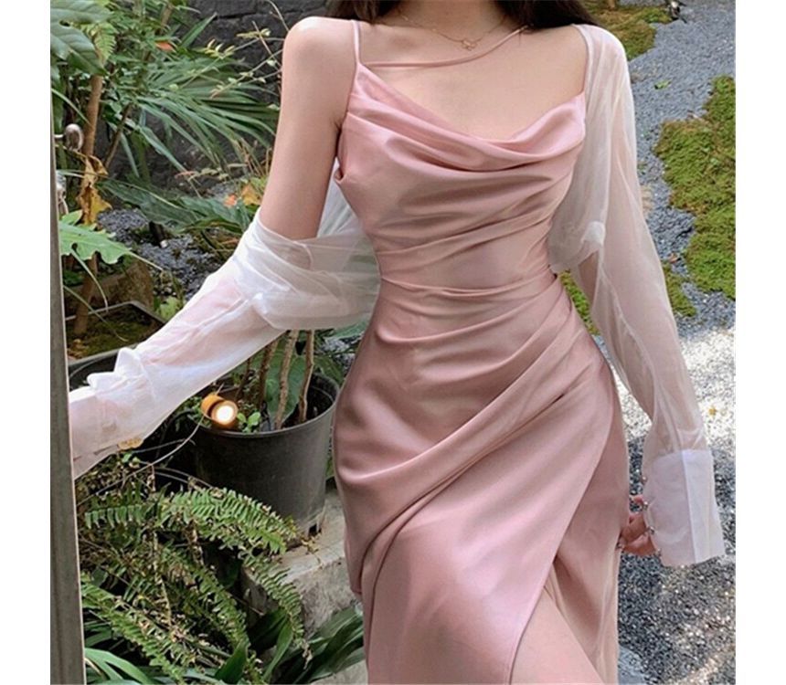 Thin Strap Cowl Neck Ruched Satin Midi Bodycon Dress