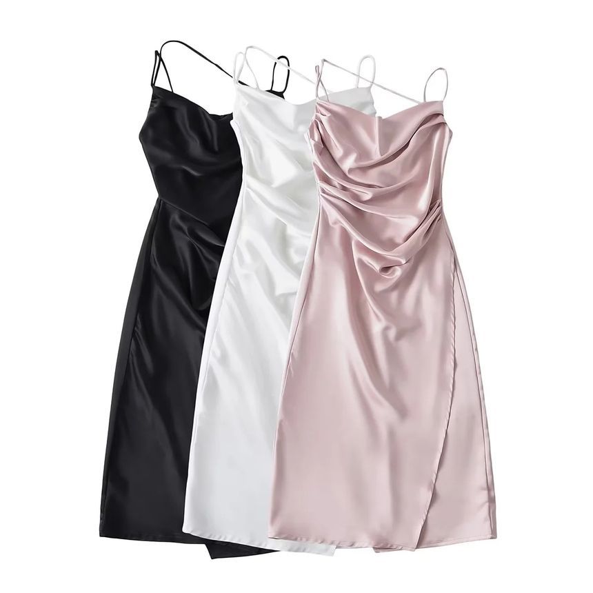 Thin Strap Cowl Neck Ruched Satin Midi Bodycon Dress