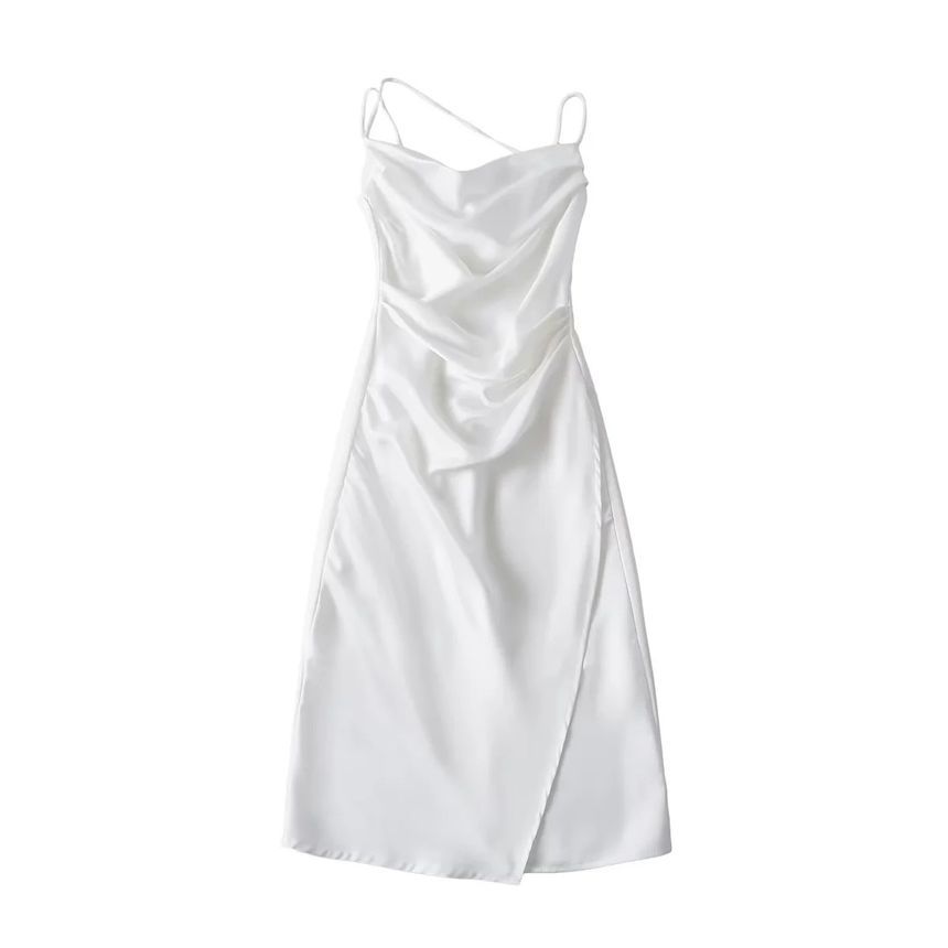 Thin Strap Cowl Neck Ruched Satin Midi Bodycon Dress
