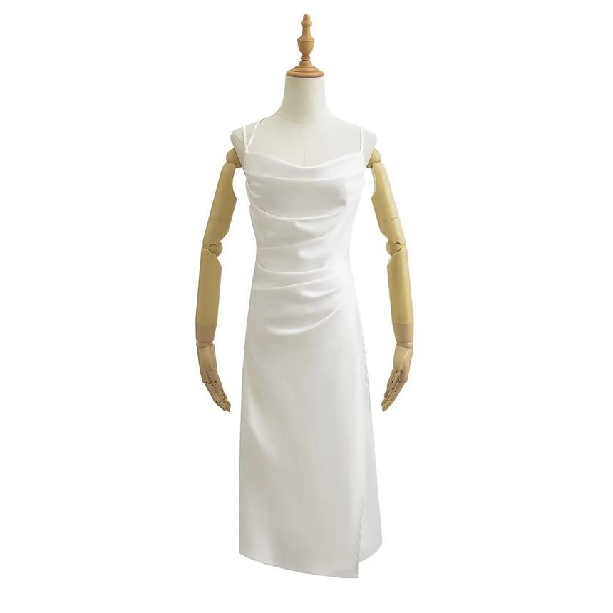 Thin Strap Cowl Neck Ruched Satin Midi Bodycon Dress
