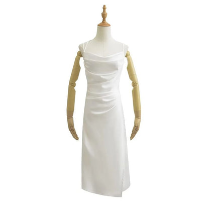 Thin Strap Cowl Neck Ruched Satin Midi Bodycon Dress