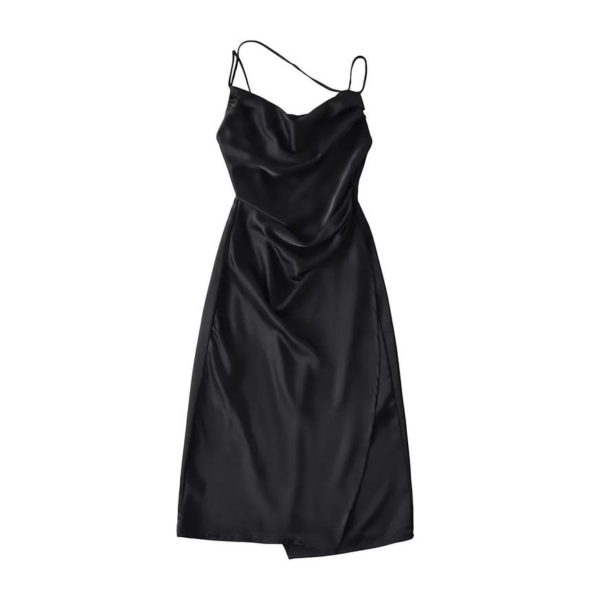 Thin Strap Cowl Neck Ruched Satin Midi Bodycon Dress