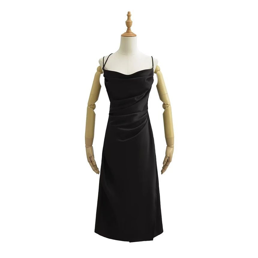 Thin Strap Cowl Neck Ruched Satin Midi Bodycon Dress