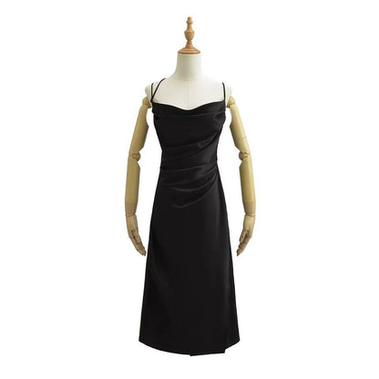 Thin Strap Cowl Neck Ruched Satin Midi Bodycon Dress