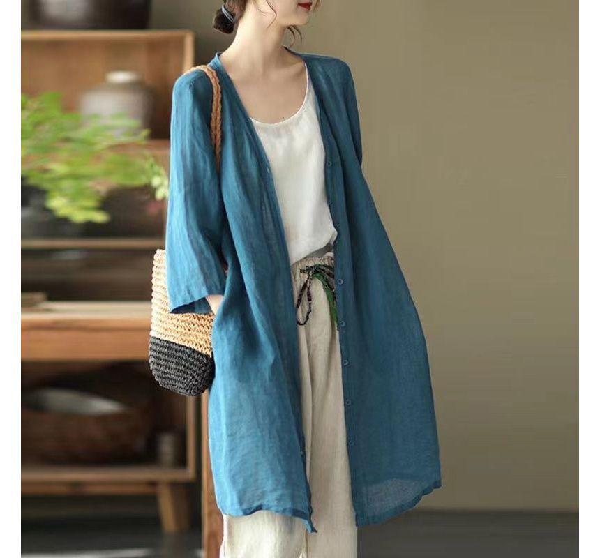 3/4 Sleeve Linen Long Cardigan
