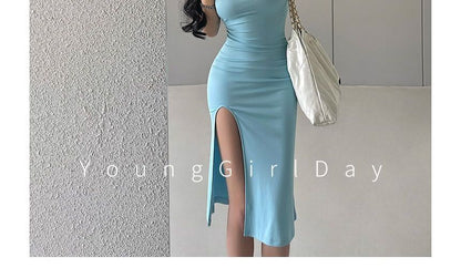 Thin Strap Plain Midi Sheath Dress