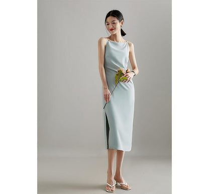 Thin Strap Side Slit Midi Sheath Dress