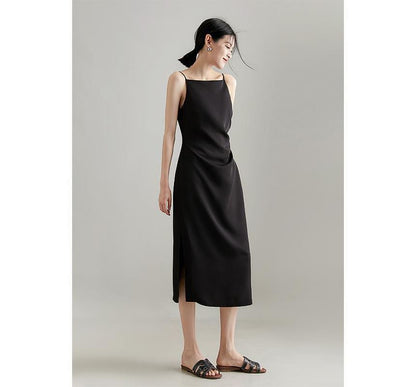 Thin Strap Side Slit Midi Sheath Dress