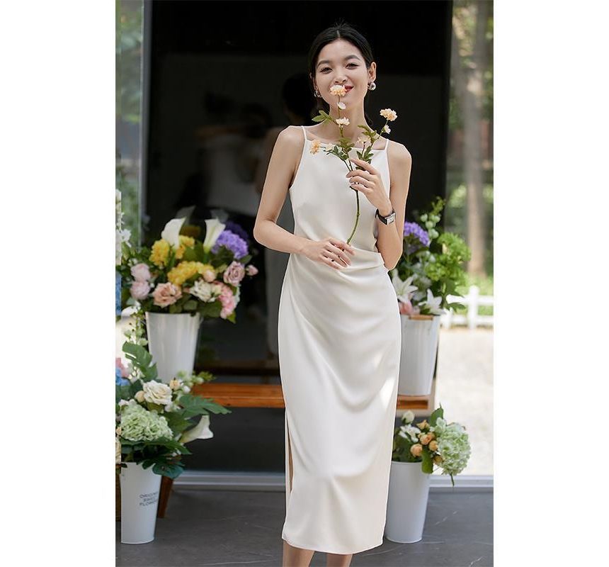 Thin Strap Side Slit Midi Sheath Dress