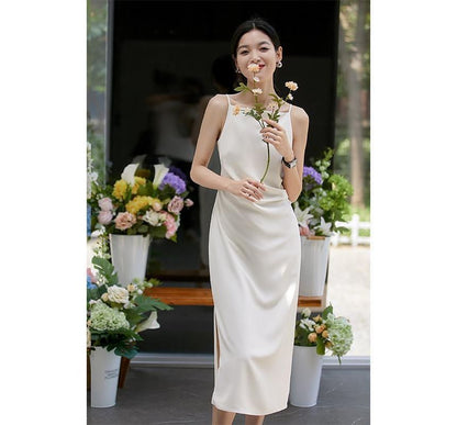 Thin Strap Side Slit Midi Sheath Dress