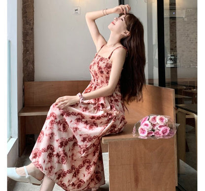 Thin Strap Floral Ruched A-Line Maxi Dress
