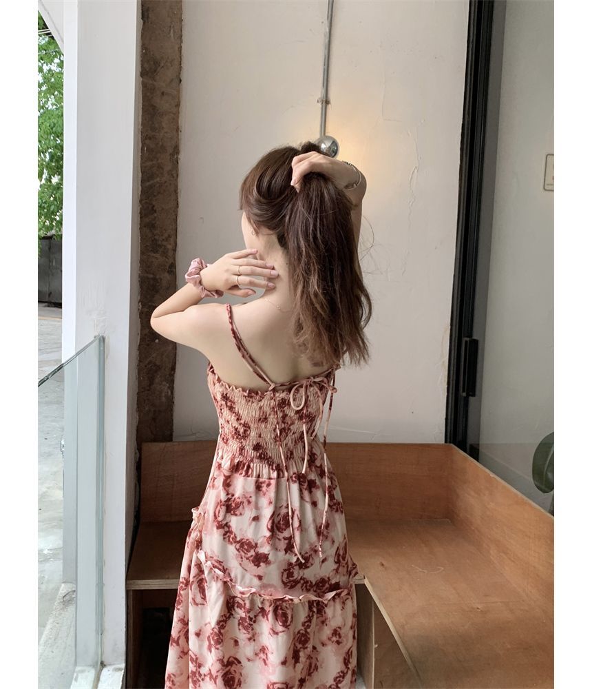 Thin Strap Floral Ruched A-Line Maxi Dress