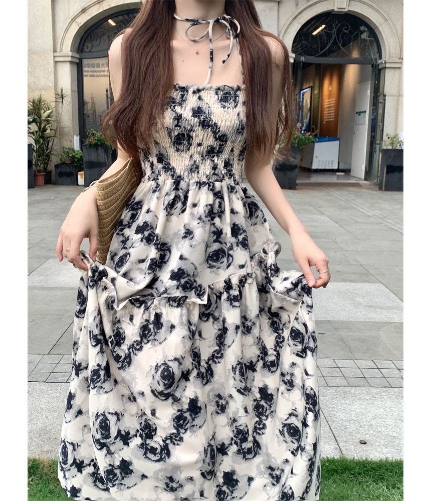 Thin Strap Floral Ruched A-Line Maxi Dress