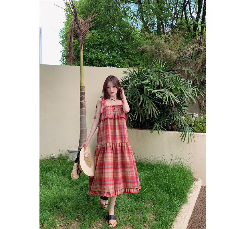 Tie Shoulder Plaid Ruffle Midi A-Line Dress