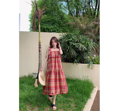 Tie Shoulder Plaid Ruffle Midi A-Line Dress