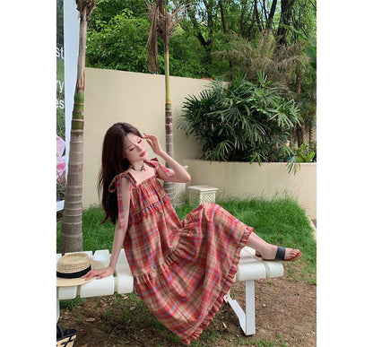 Tie Shoulder Plaid Ruffle Midi A-Line Dress