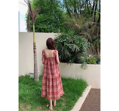 Tie Shoulder Plaid Ruffle Midi A-Line Dress