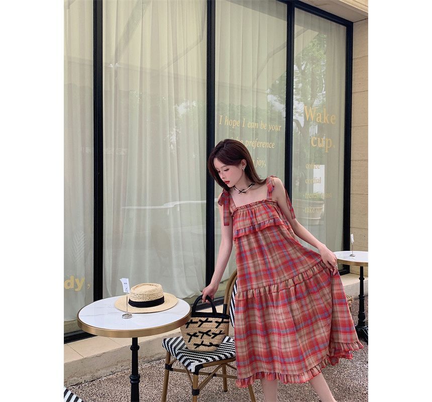 Tie Shoulder Plaid Ruffle Midi A-Line Dress