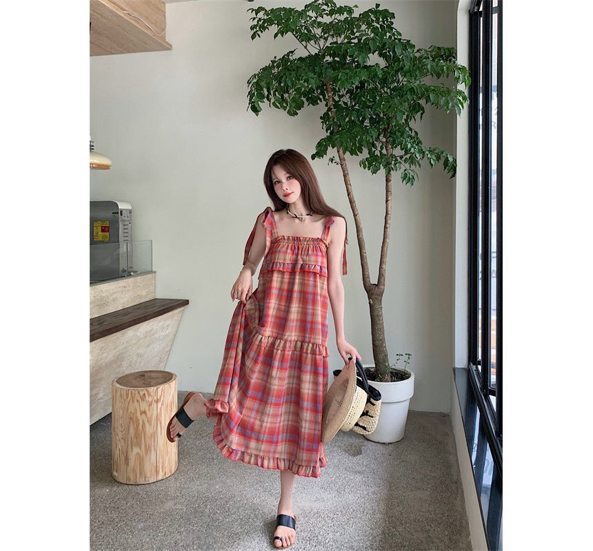 Tie Shoulder Plaid Ruffle Midi A-Line Dress