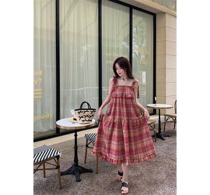 Tie Shoulder Plaid Ruffle Midi A-Line Dress
