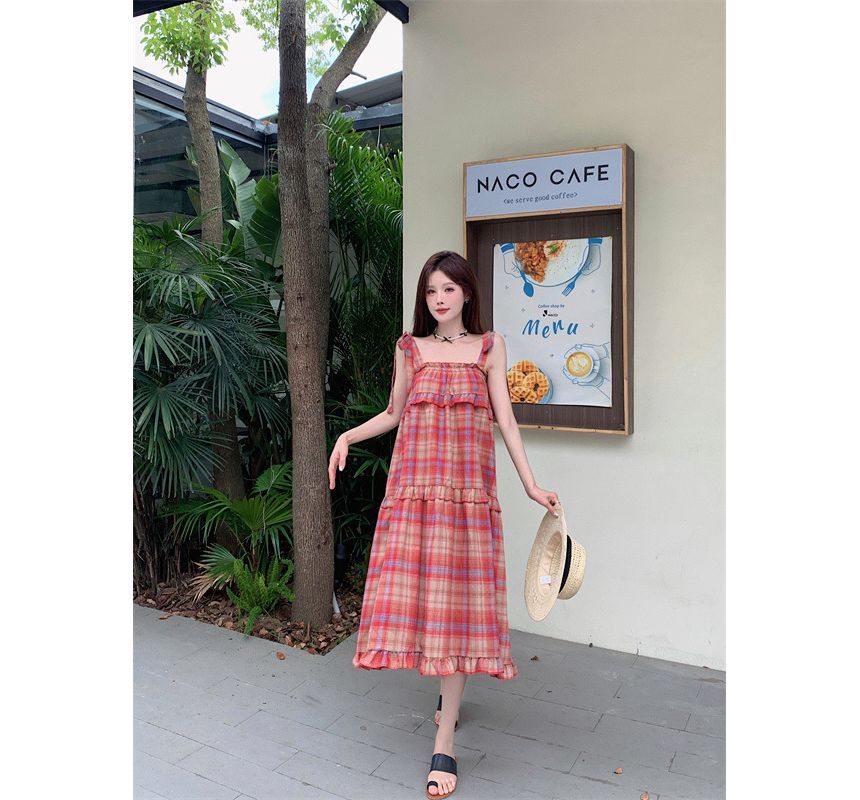 Tie Shoulder Plaid Ruffle Midi A-Line Dress