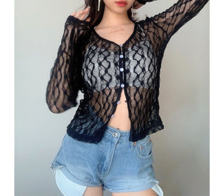 Long Sleeve Lace Sheer V-Neck Crop Cardigan
