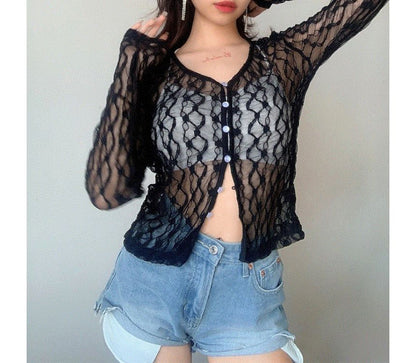 Long Sleeve Lace Sheer V-Neck Crop Cardigan