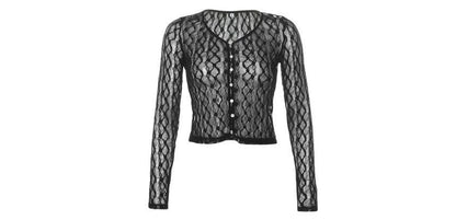 Long Sleeve Lace Sheer V-Neck Crop Cardigan