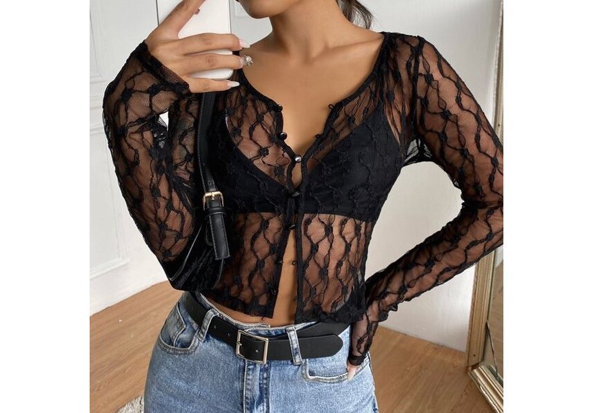 Long Sleeve Lace Sheer V-Neck Crop Cardigan