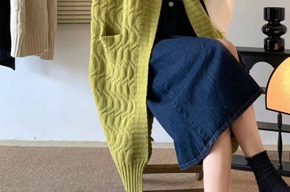 Twist Knit Open Front Long Cardigan