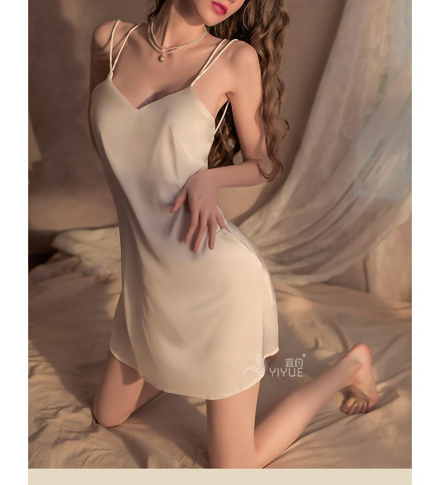 Thin Strap V-Neck Open Back Slip Dress with G-String