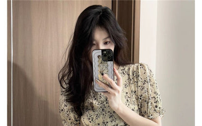 Short-Sleeve V-Neck Floral Print Ruffle Wrap Mini A-Line Dress