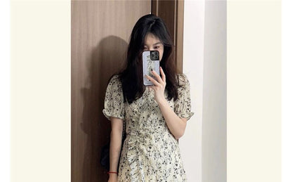Short-Sleeve V-Neck Floral Print Ruffle Wrap Mini A-Line Dress