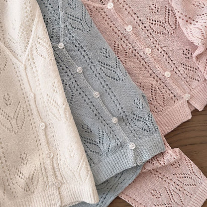 V-Neck Button-Up Pointelle Knit Cardigan