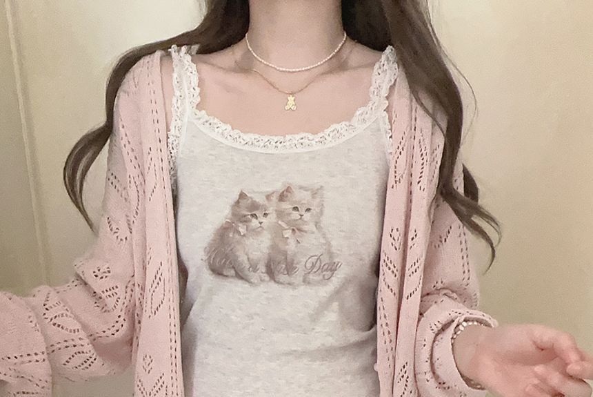 V-Neck Button-Up Pointelle Knit Cardigan