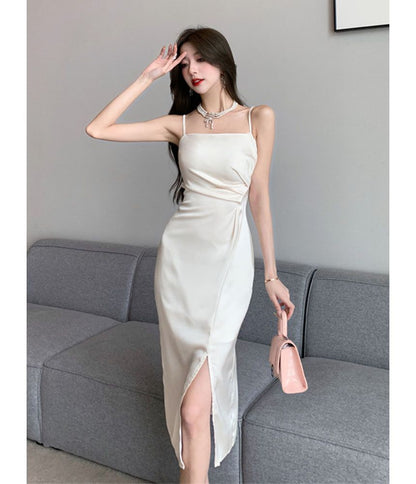 Thin Strap Ruched Slit Midi A-Line Dress