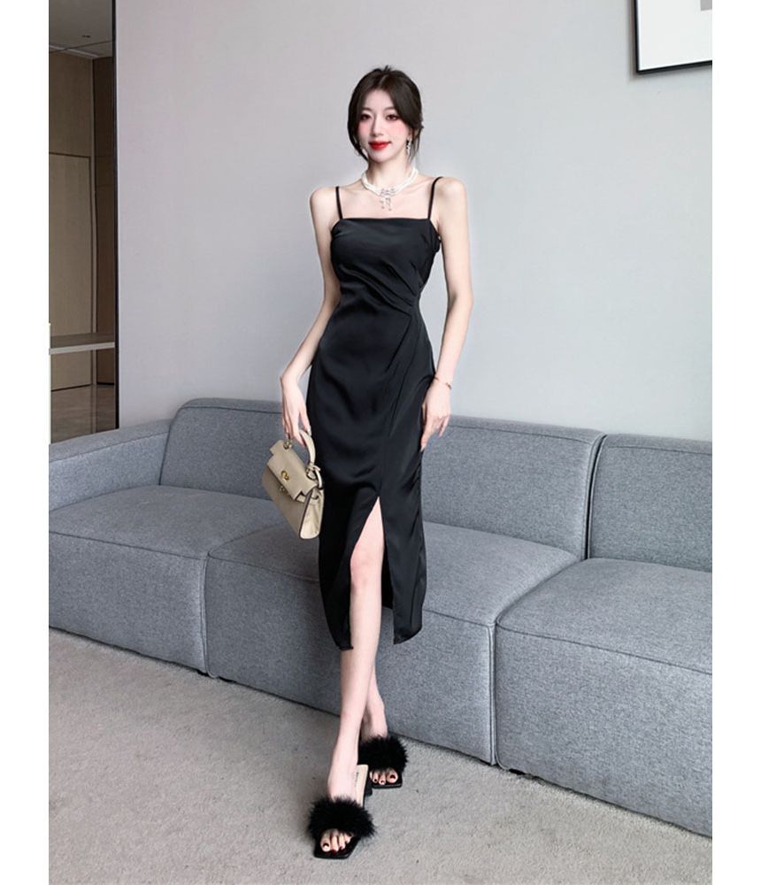 Thin Strap Ruched Slit Midi A-Line Dress