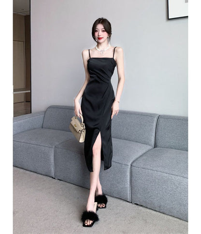 Thin Strap Ruched Slit Midi A-Line Dress