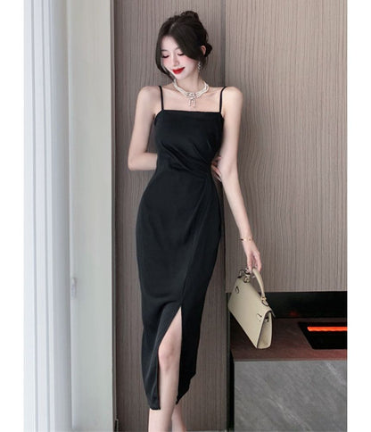 Thin Strap Ruched Slit Midi A-Line Dress