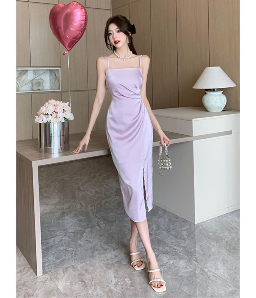 Thin Strap Ruched Slit Midi A-Line Dress