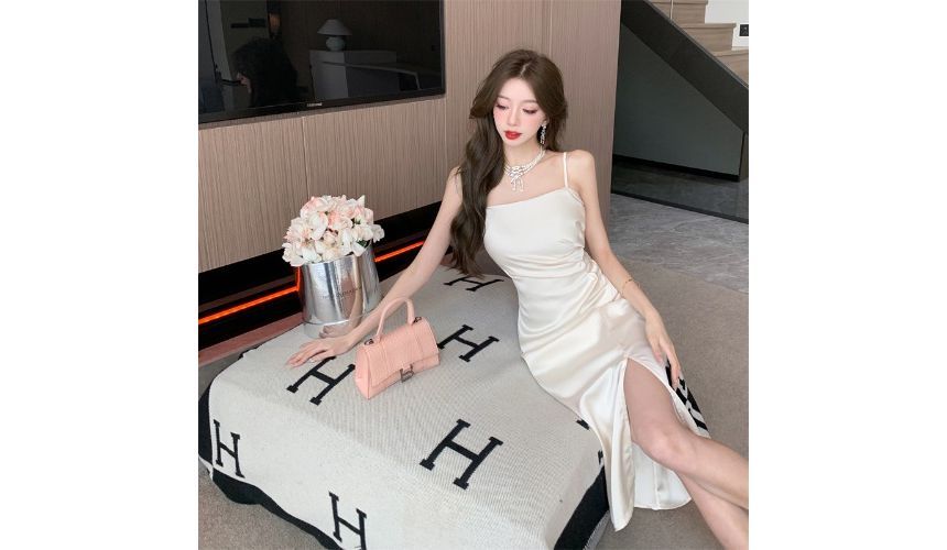 Thin Strap Ruched Slit Midi A-Line Dress