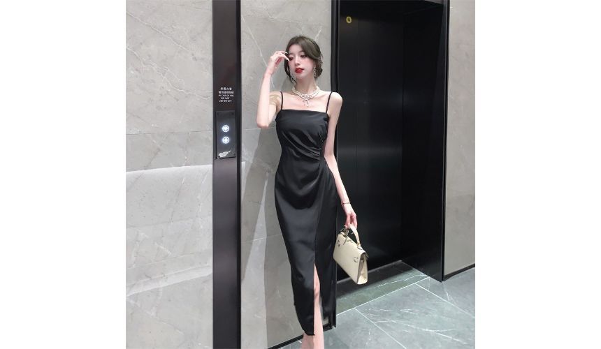 Thin Strap Ruched Slit Midi A-Line Dress