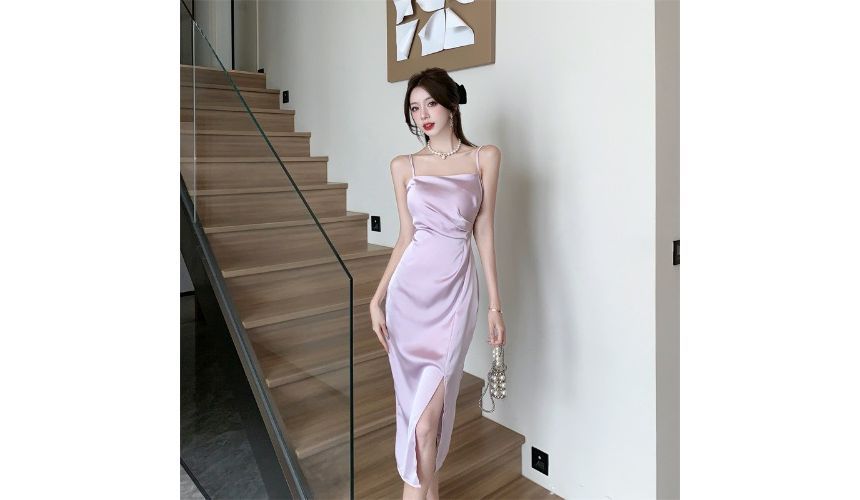 Thin Strap Ruched Slit Midi A-Line Dress