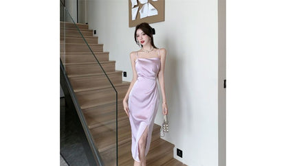 Thin Strap Ruched Slit Midi A-Line Dress