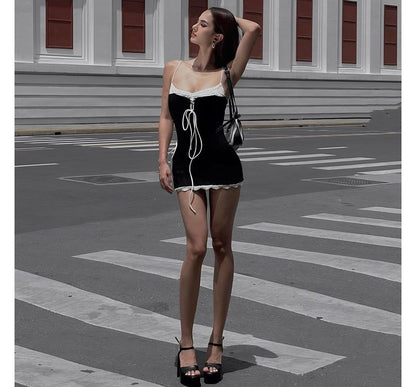 Thin Strap V-Neck Two Tone Laced Bodycon Mini Gown