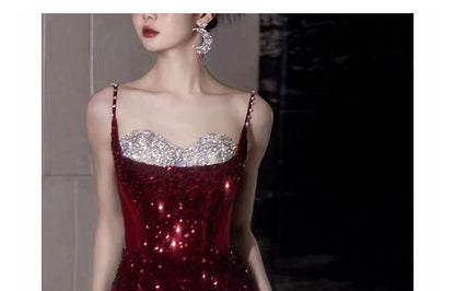 Thin Strap Two Tone Sequin Mesh A-Line Evening Gown